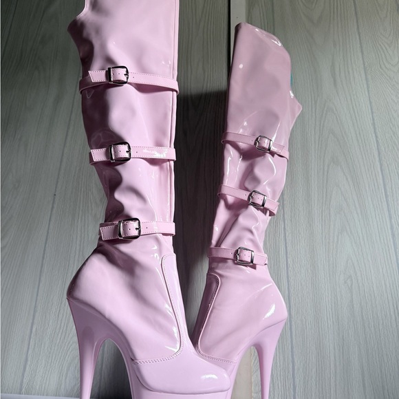 Pleaser Adore baby pink Patent Thigh High Boots - 5”1/2 Heel - Size 8 - Picture 6 of 13